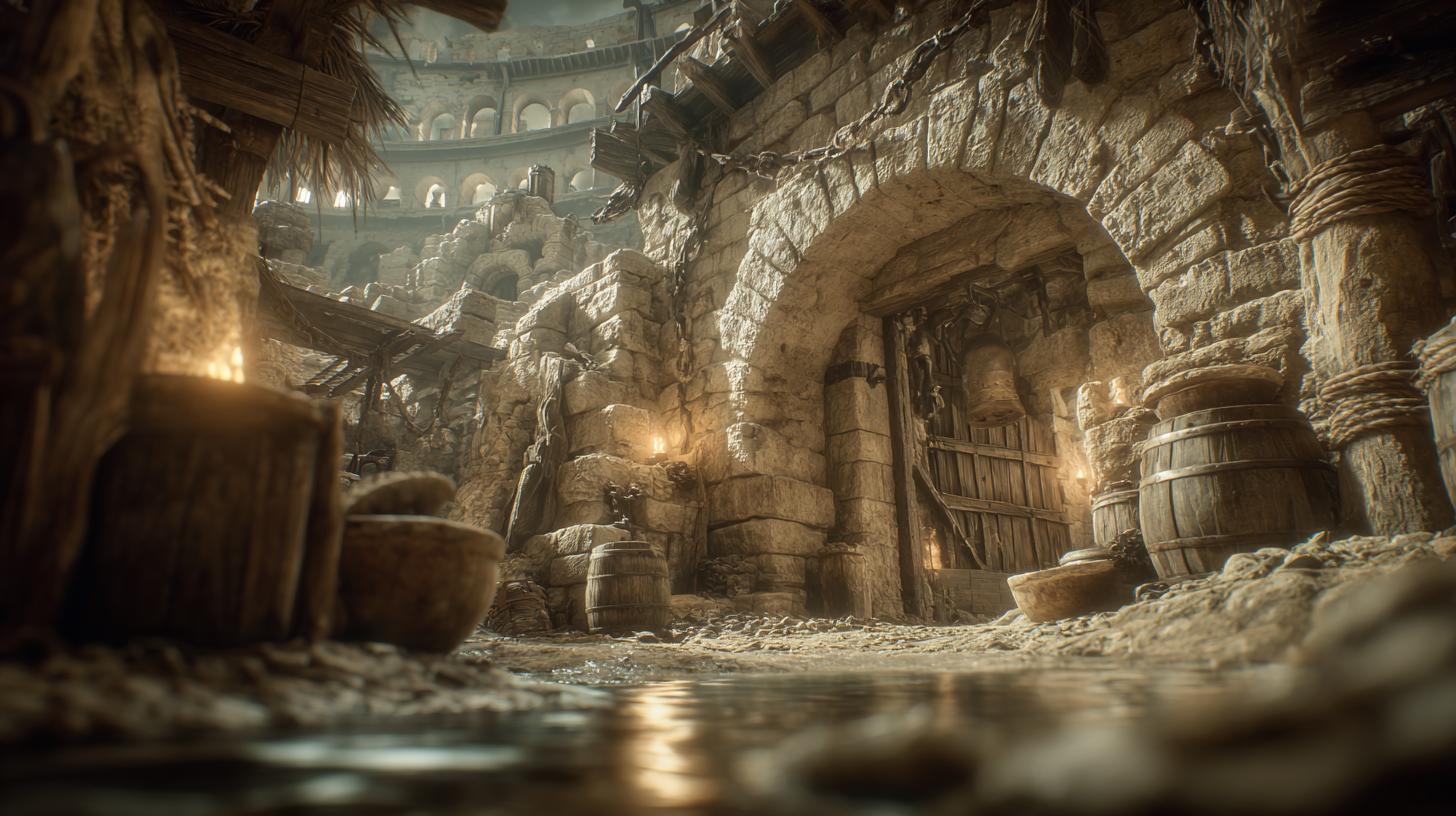 The dark tunnels of the Colosseum hypogeum, lit by Roman oil lamps