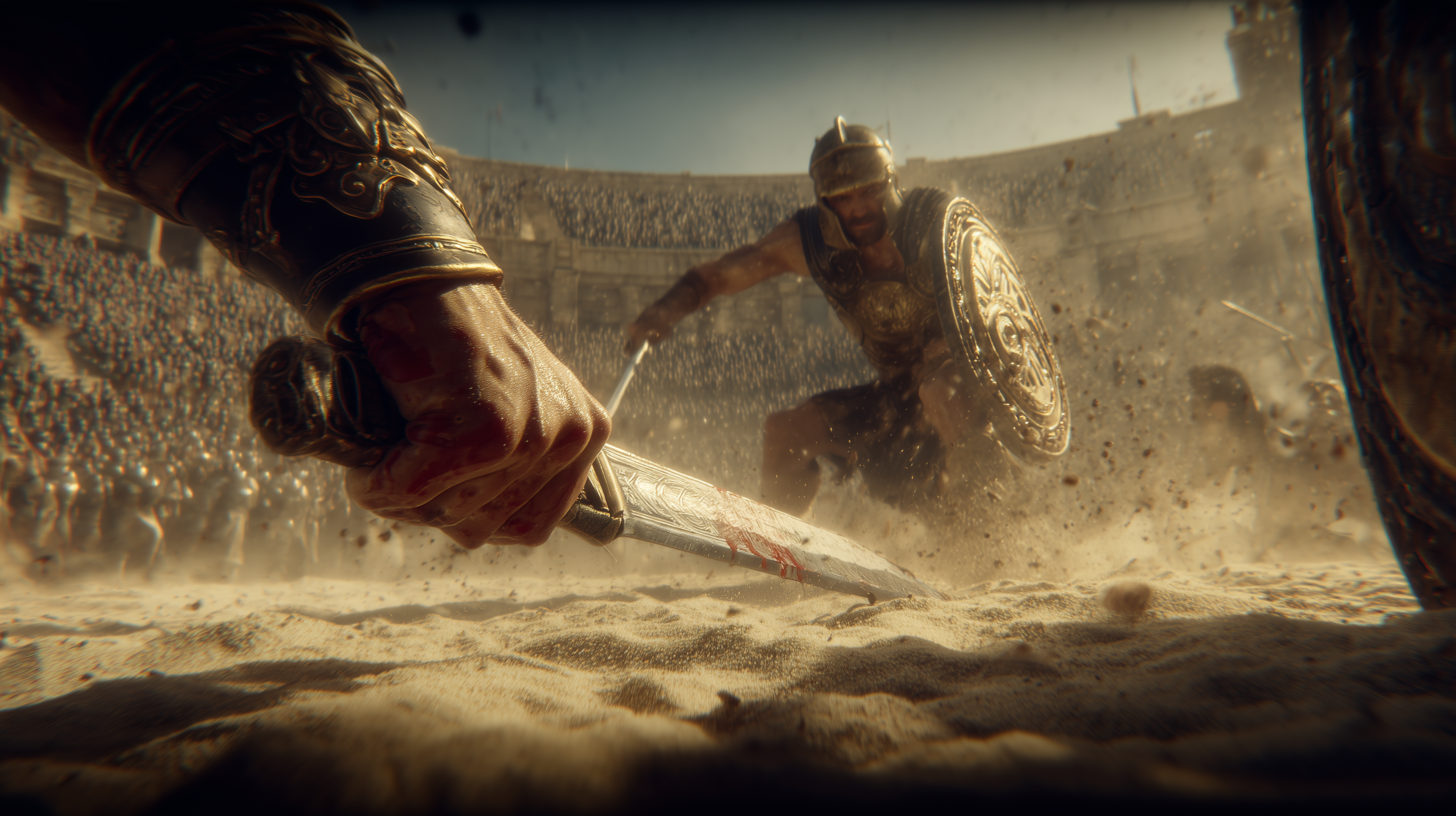 A gladiator emerges from the darkness beneath the Colosseum into blinding sunlight