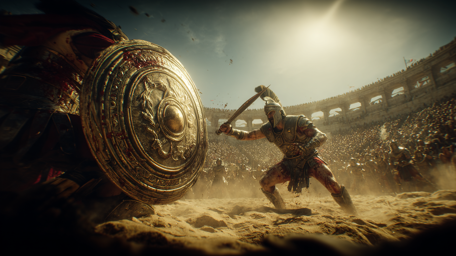 A gladiator peers over a shield rim as an opponent lunges with a curved sica blade