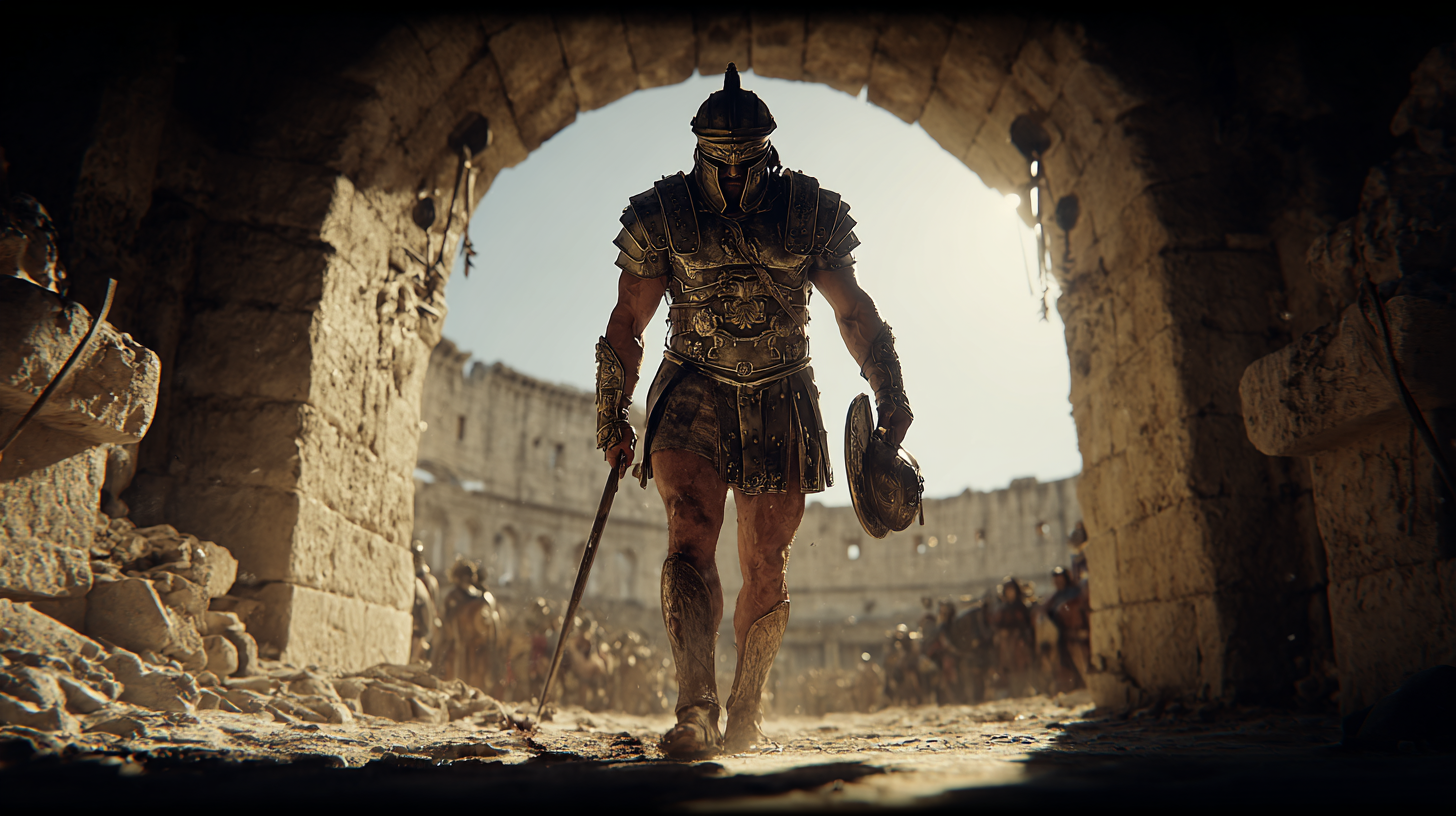 A gladiator walks through a travertine archway, helmet held loose, gladius dragging in the dust