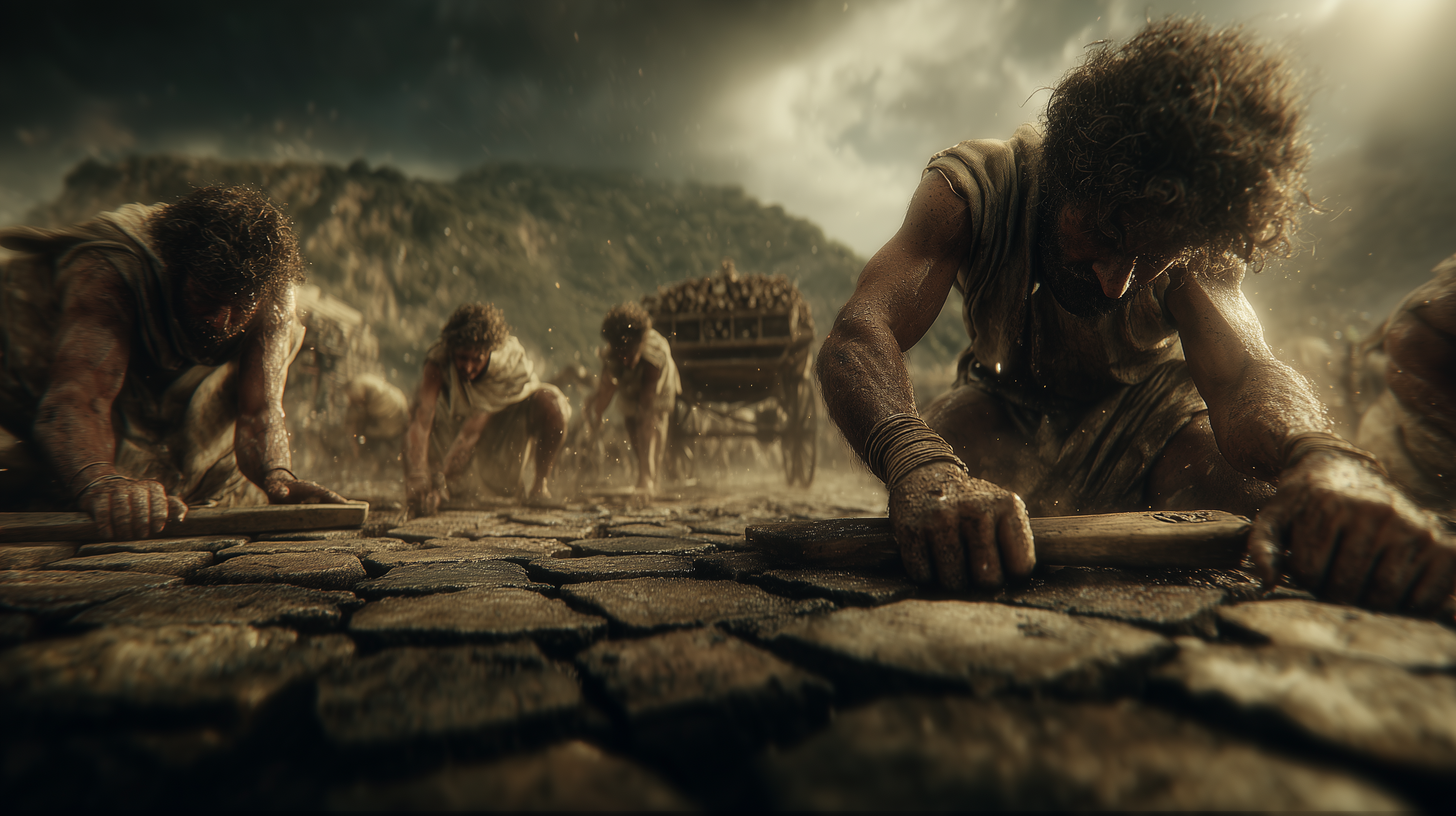 A Roman road construction crew setting dark basalt paving stones, a bronze groma surveying tool planted nearby, iron hammers and leveling boards scattered between half-placed stones