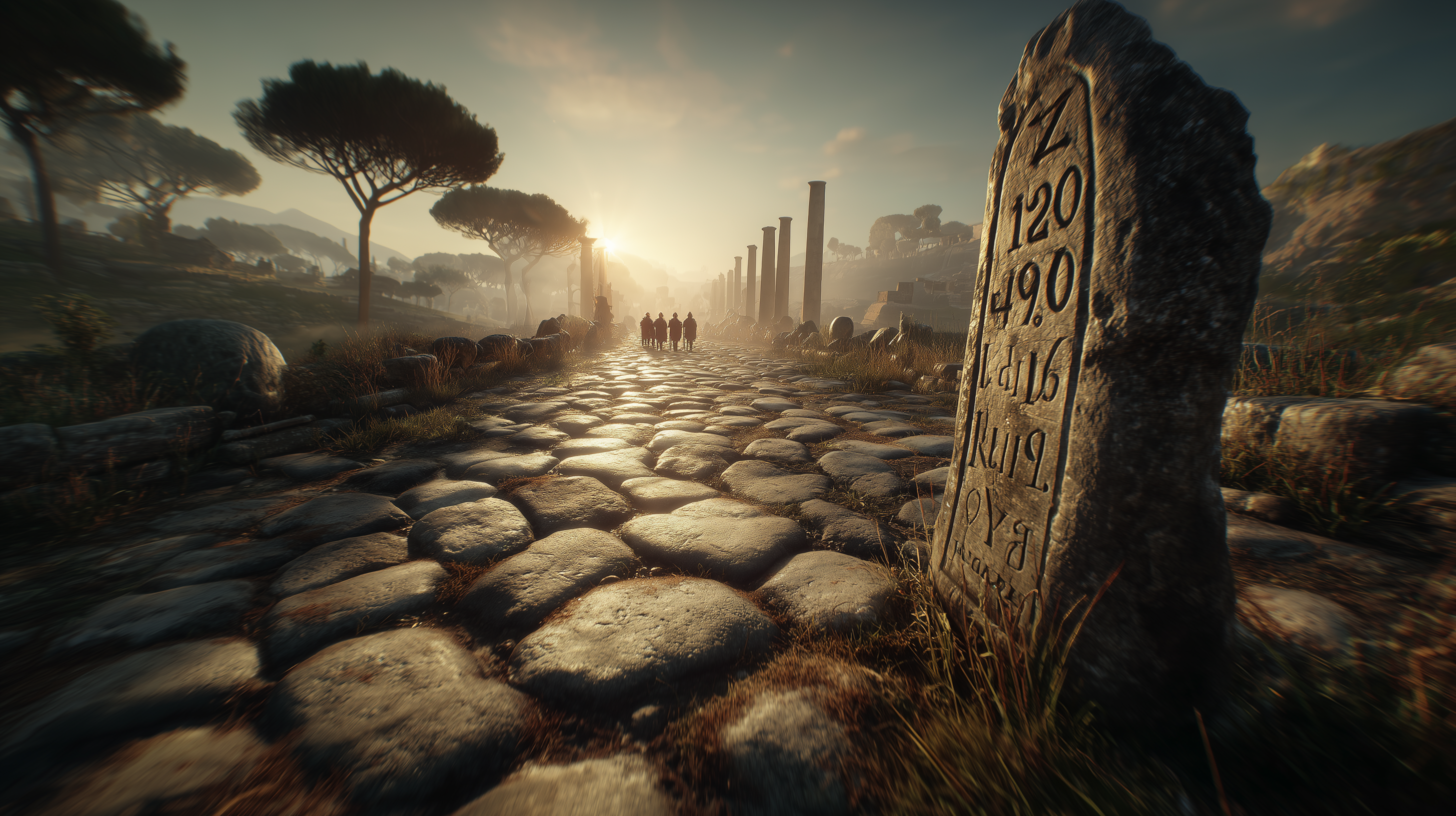 The Via Appia stretching in a perfectly straight line toward the horizon, dark basalt paving stones worn smooth, a carved Roman milestone at the road edge