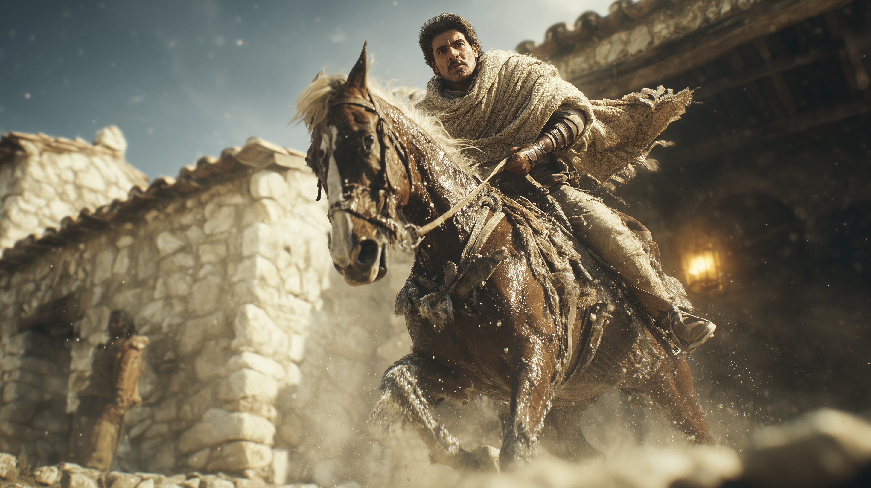 A Roman imperial messenger arriving at a mansio waystation at dusk, his horse lathered with sweat, a fresh horse already saddled and waiting