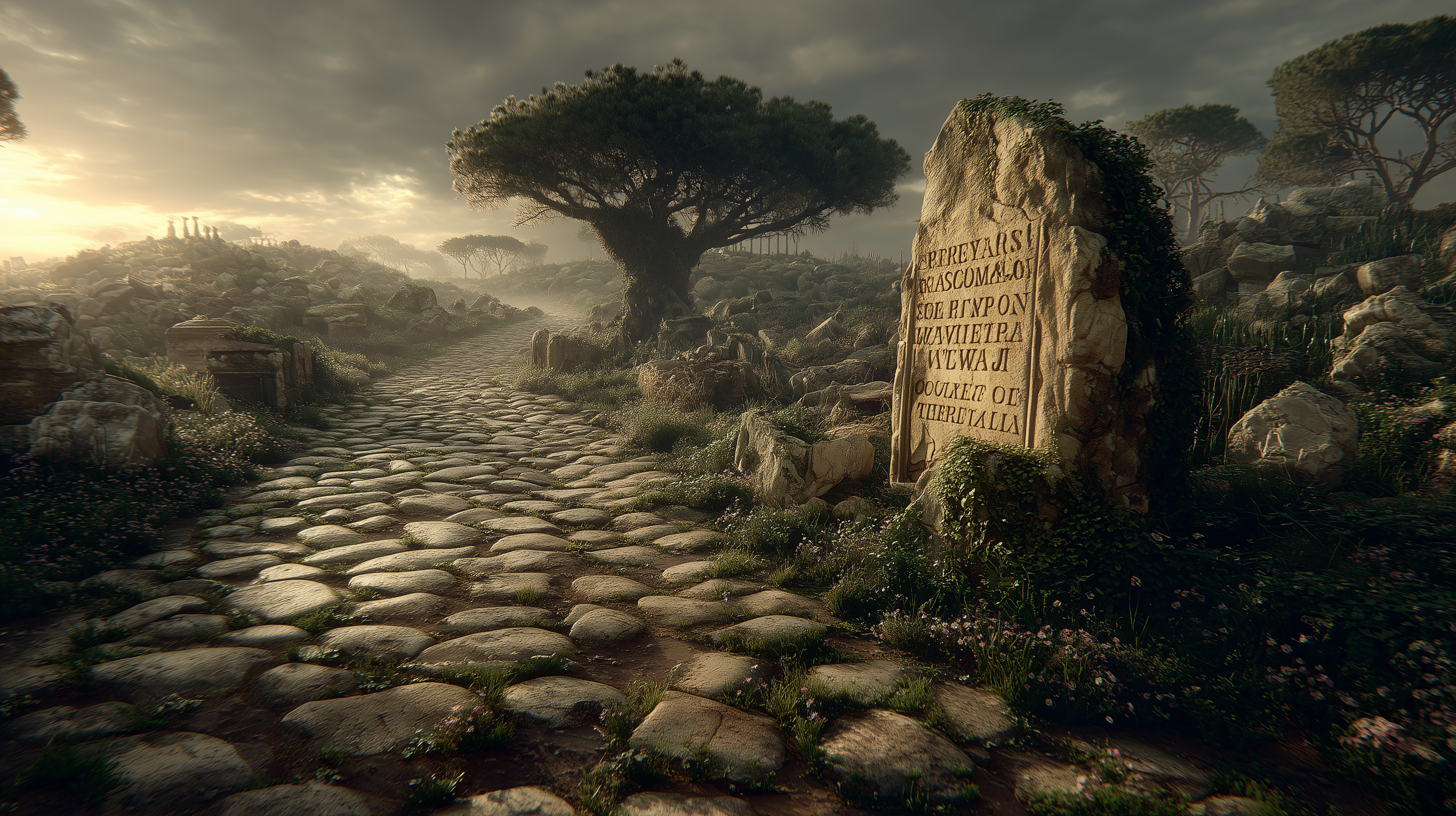 An ancient Roman road centuries after the empire fell, basalt paving stones cracked and pushed apart by wild grass and ivy, a half-buried milestone with moss-covered Latin text