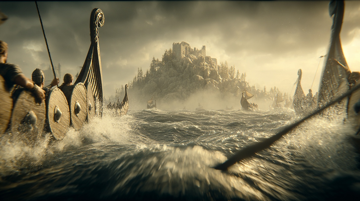 Viking longships emerging through North Sea fog toward Lindisfarne