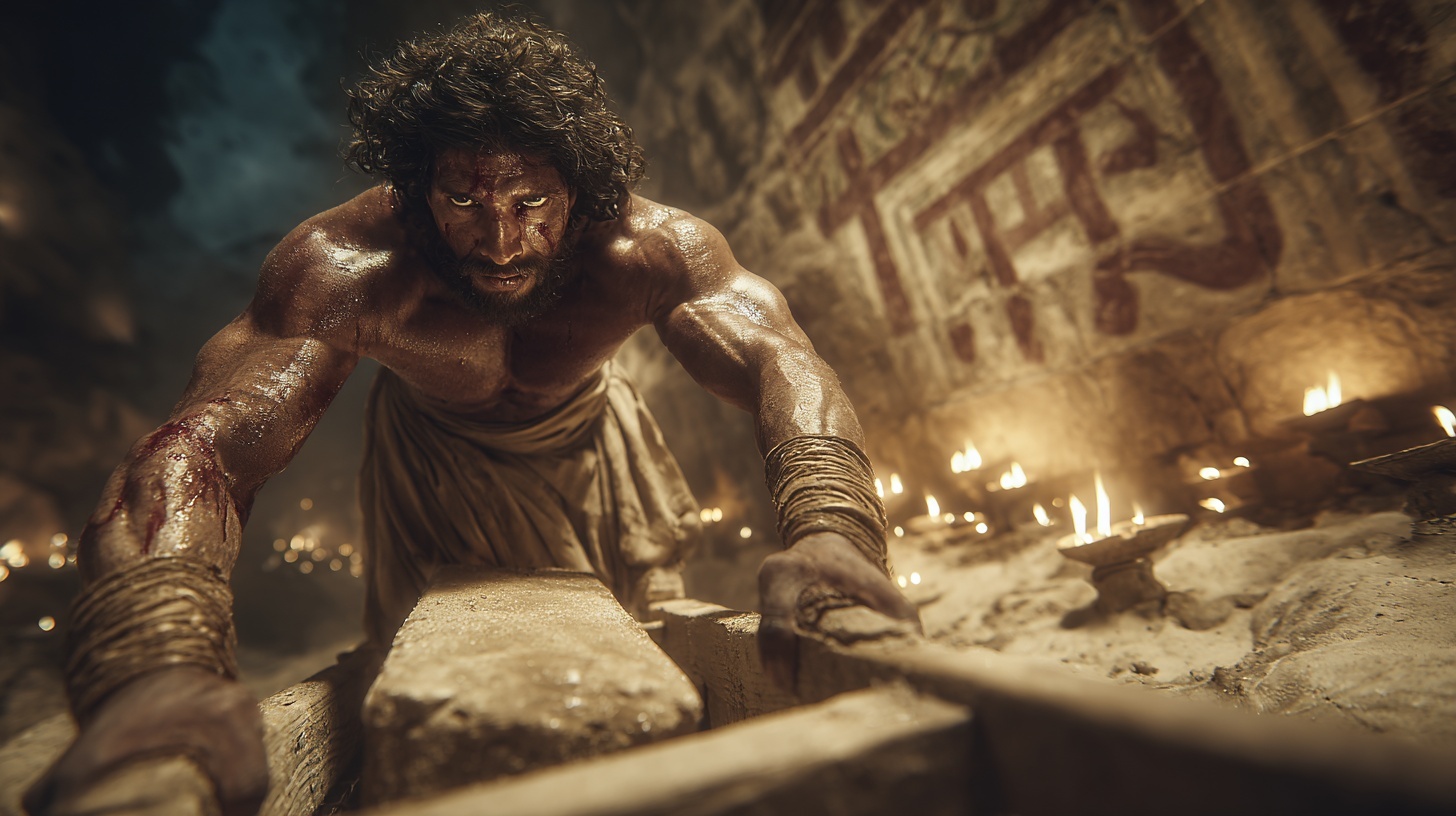A tomb builder dragging limestone inside the Valley of the Kings